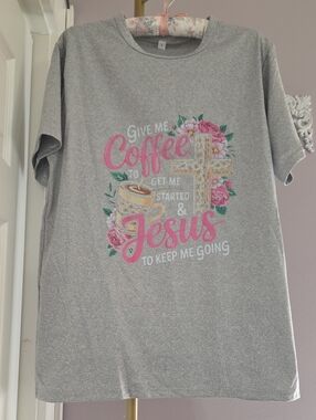 Coffee & Jesus Graphic Tee - Grey with Pink Accents Size L